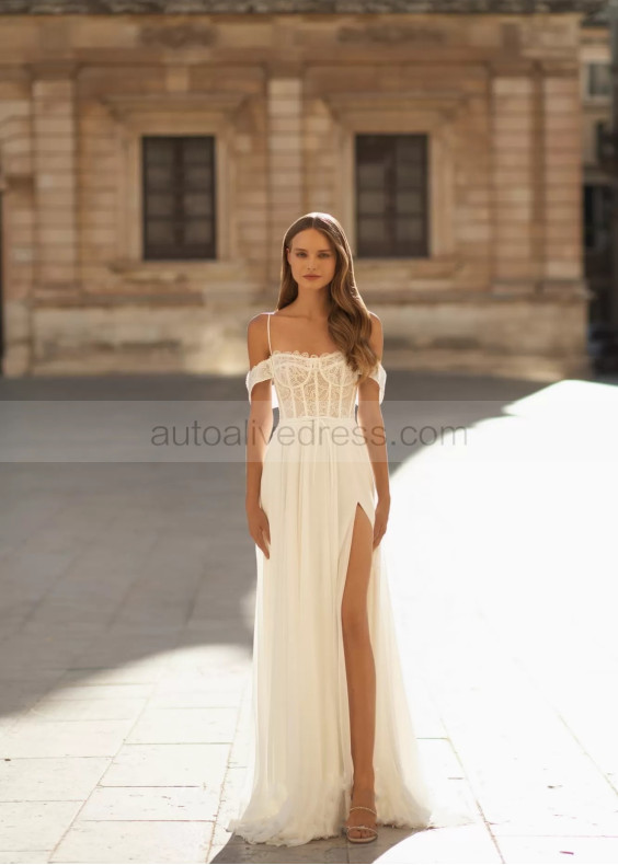 Cold Shoulder Ivory Lace Chiffon Slit Wedding Dress